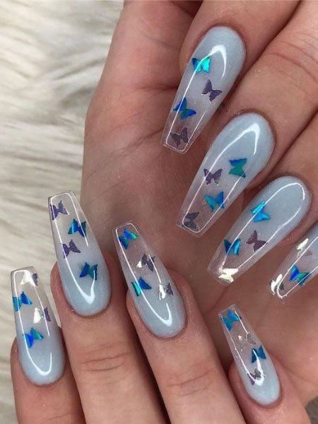 Light Blue Nails With Two Tone Butterflies 