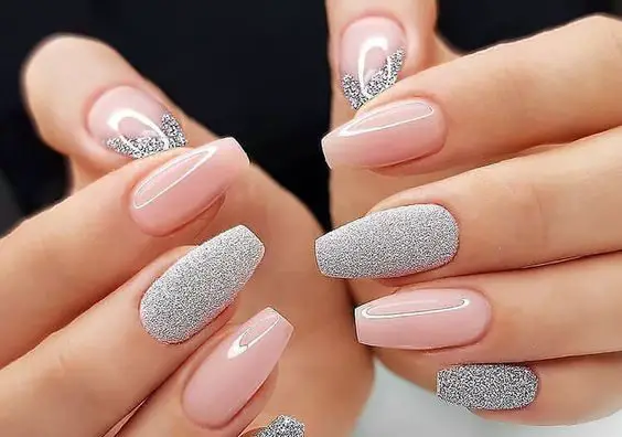 Light Pink And Silver Glitter Nails 