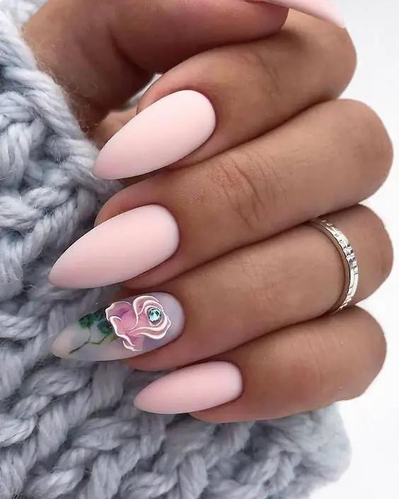 Light Pink Nails With 3D Rose Art 