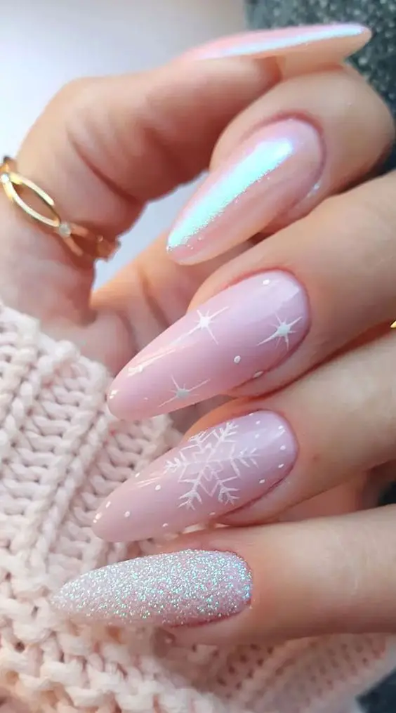Light Pink Nails With Snowflakes