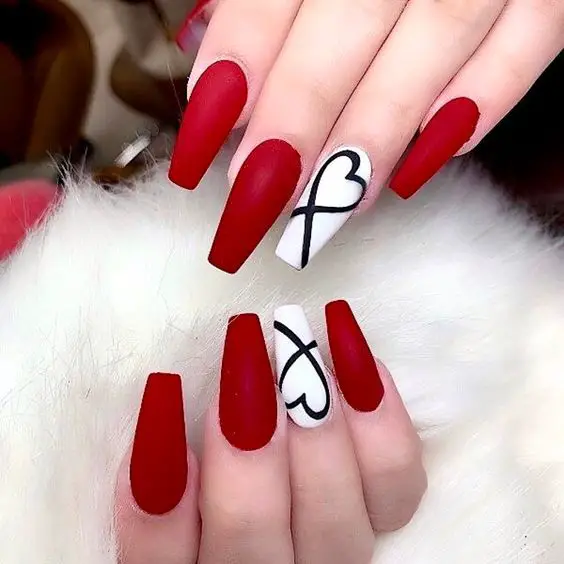 Matte Red And White Nails 
