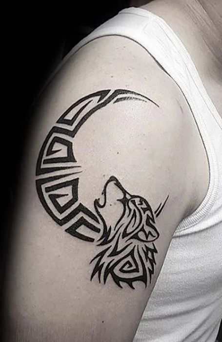 Moon And Tribal Wolf Tattoo
