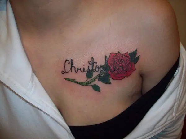 Name And Rose Tattoo On Chest 