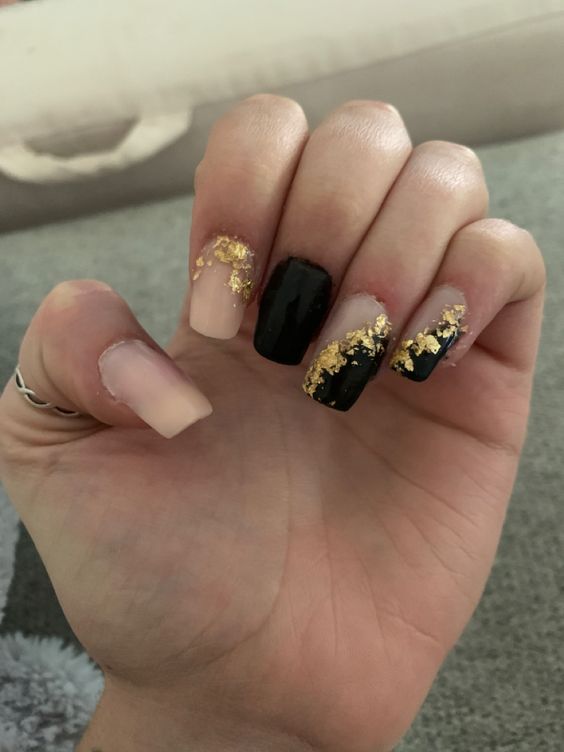 Nude And Black Nails With Gold Foil