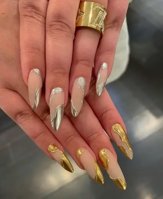 Nude Nails With Gold And Silver Nails 