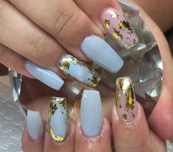 Pastel Blue Nails With Gold Foil