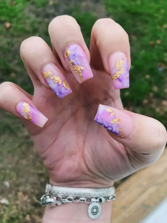 Pink And Purple Marble Nails With Foil