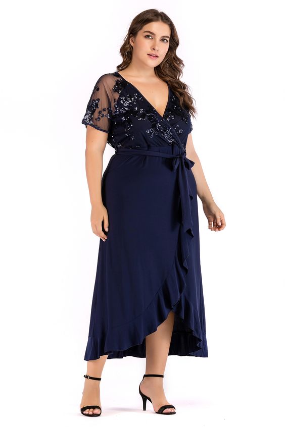 Plus Size Floral Sequin Wrap Dress