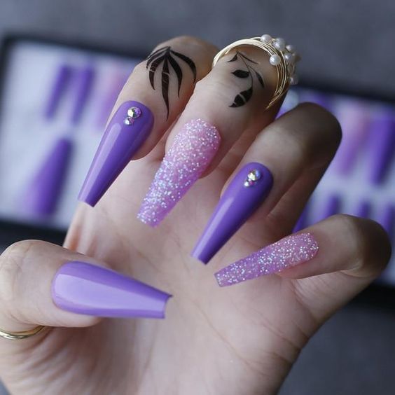 Purple Nails With Glitter And Rhinestones 