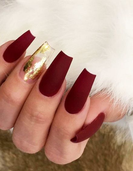 Red Matte Coffin Nails With Gold Foil 