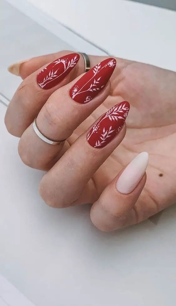 Red Matte Nails With White Nail Art 