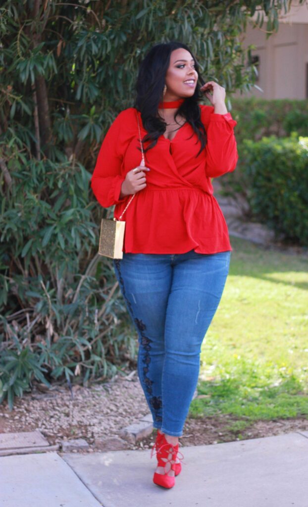 Red Ruffled Top With Skinny Jeans