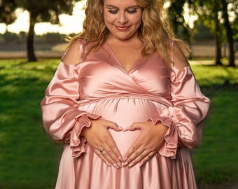 Satin Plus Size Maternity Dress With Ruffle Sleeves