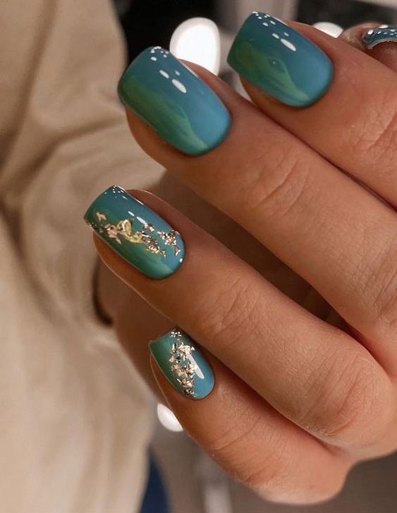 Sea Green Square Nails With Gold Foil 