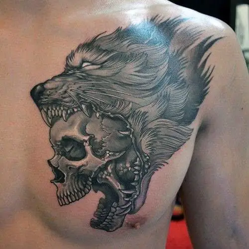 Skull And Tiger Chest Tattoo