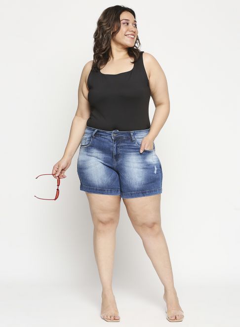 Solid Plus Size Tank Top With Denim Shorts