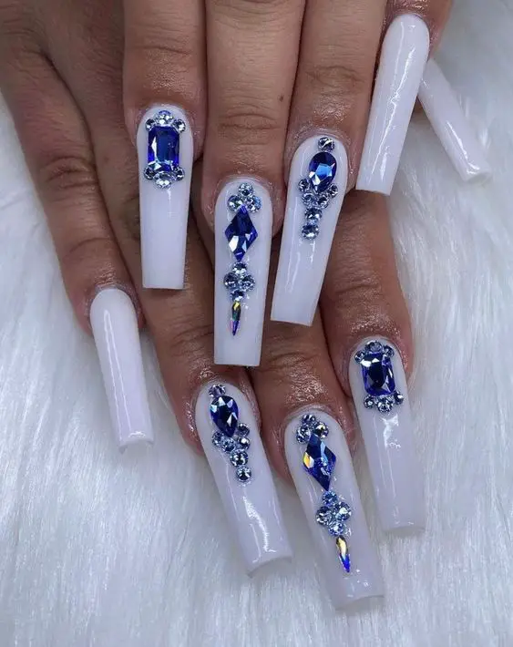 White Nails With Colorful Rhinestones 