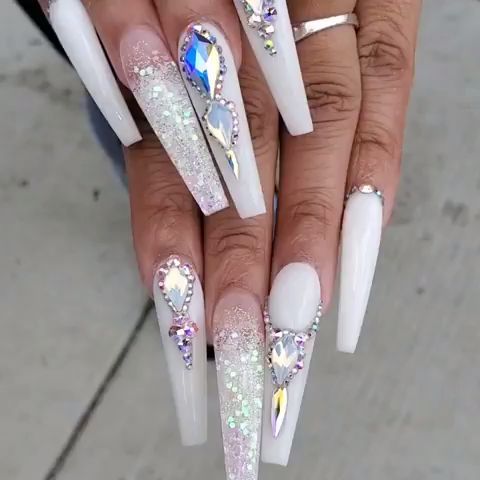 White Nails With Diamonds 
