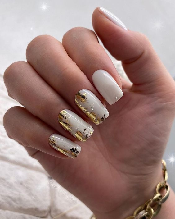 White Square Nails With Gold Foil 