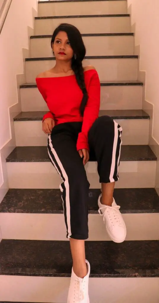 Black Jogger Pants With Red Cropped Sweatshirt