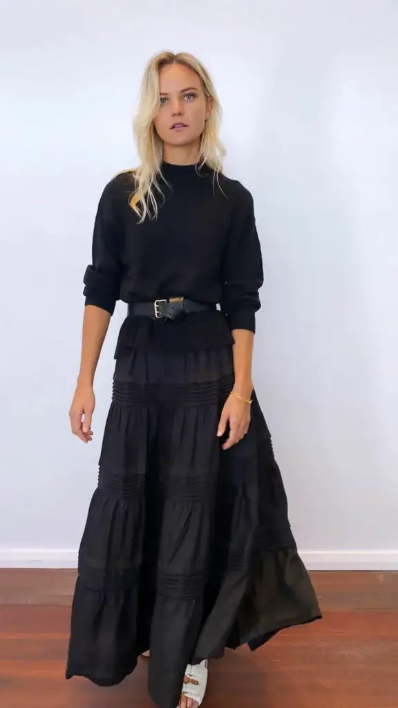 Black Tiered Skirt With Oversized Sweater