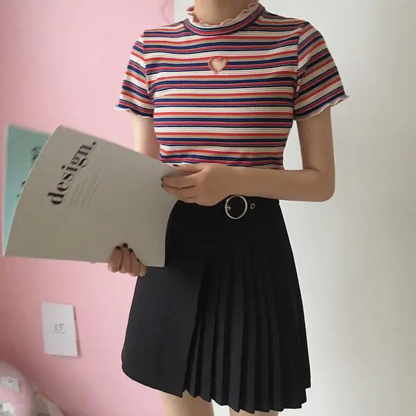 Colorful Striped Highneck With Black Mini Skirt