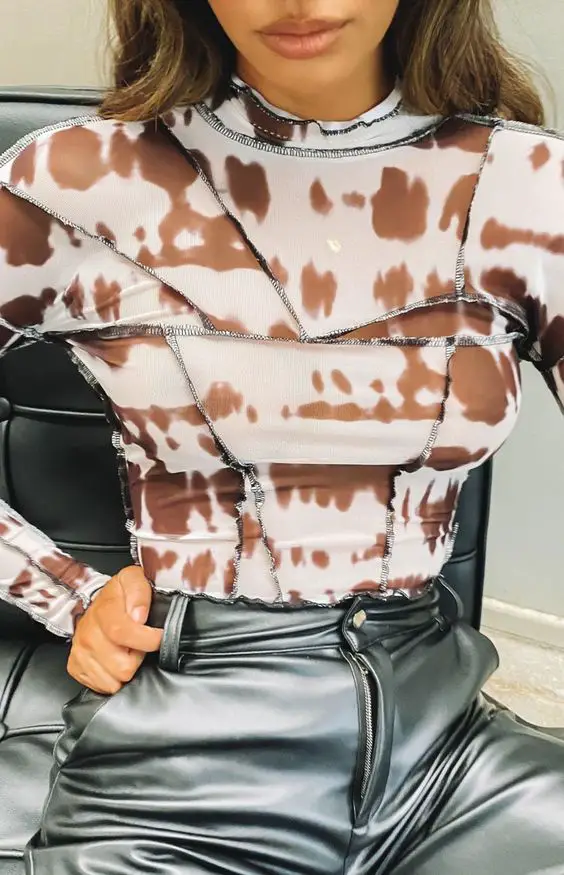 Khaki Camouflage Sheer Top With Long Sleeves