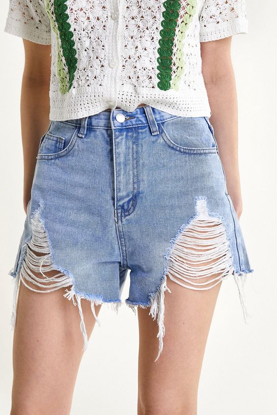 Knitted Crop Top With Distressed Denim Shorts