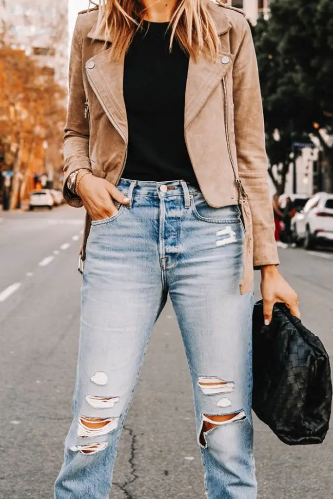 Ripped Jeans With Cropped Zip Up Jacket