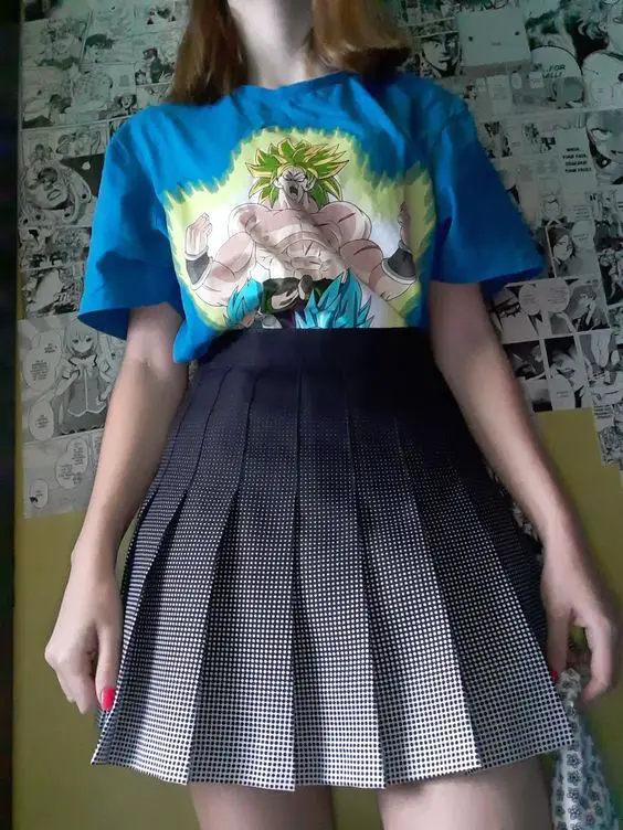 Striped Mini Skirt With Anime Graphic Tee