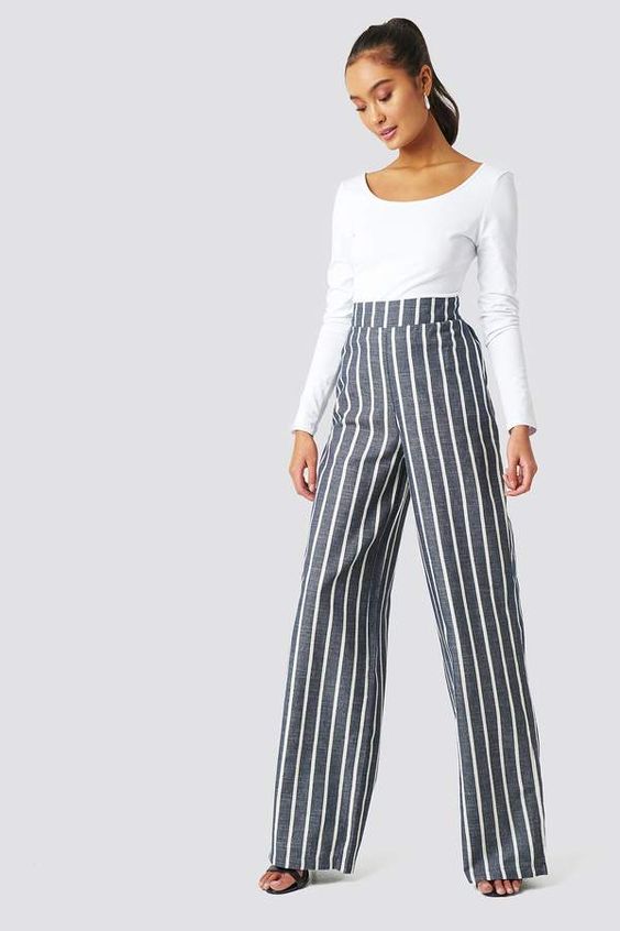Tailored Striped Pants With Scoopneck T-Shirt