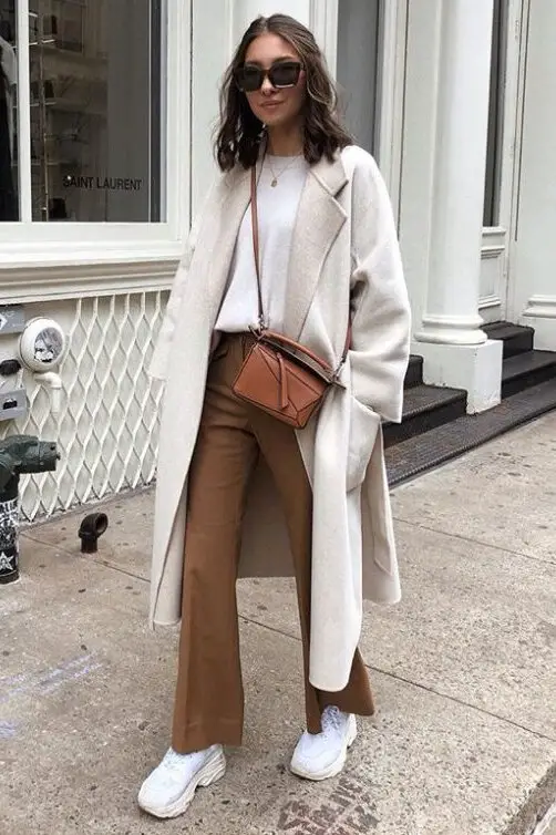 Wide Leg Pants With Beige Leather Jacket And Boots