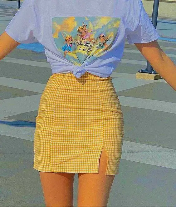 Yellow Checkered Mini Skirt With Printed T-Shirt