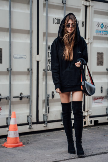 Black Oversized Hoodie And Knee Length Boots