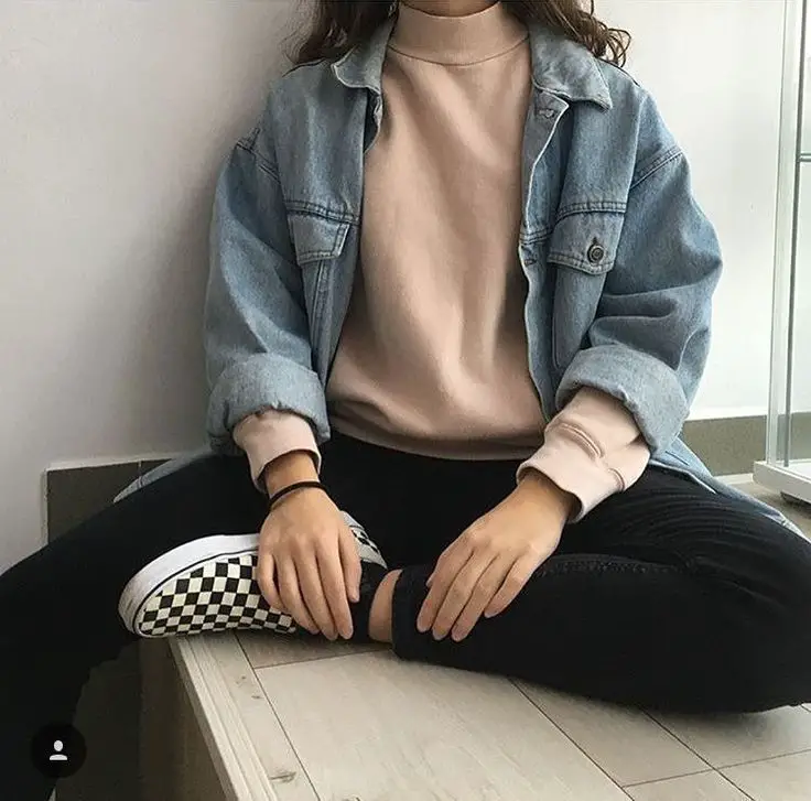 Black Pants With Sweater And Denim Jacket