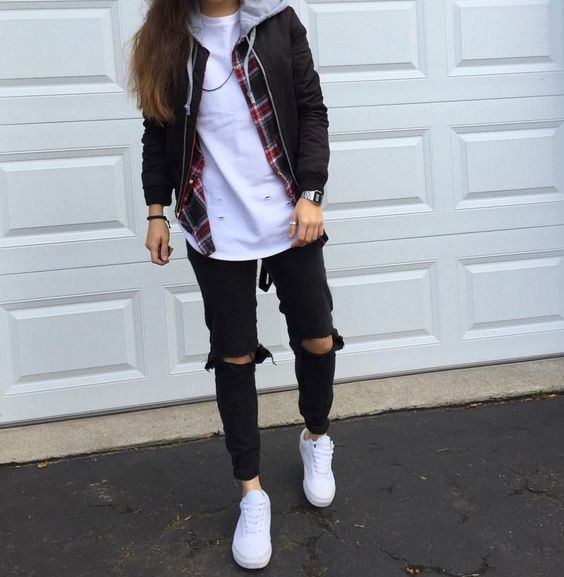 Black Ripped Jeans With T-Shirt And Hoodie