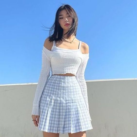 Box Pleated Mini Skirt With Off Shoulder Top