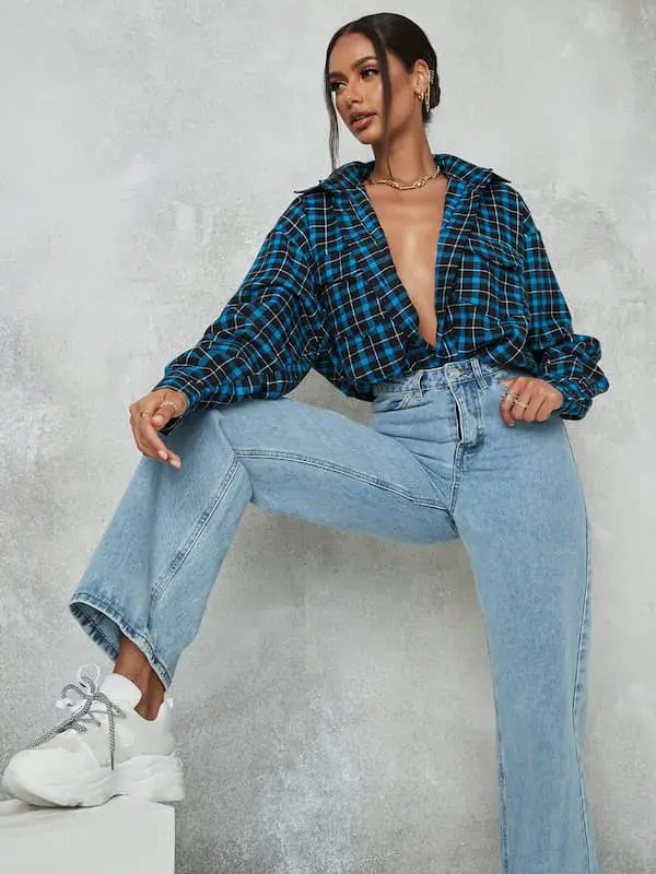 Checkered Oversized Shirt With Mom Jeans