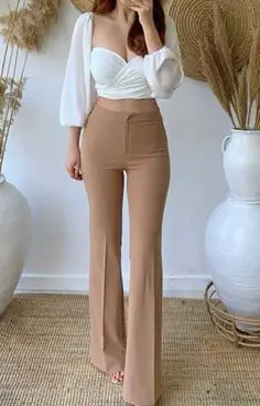 Cream Tailored Pants With Sweetheart Top