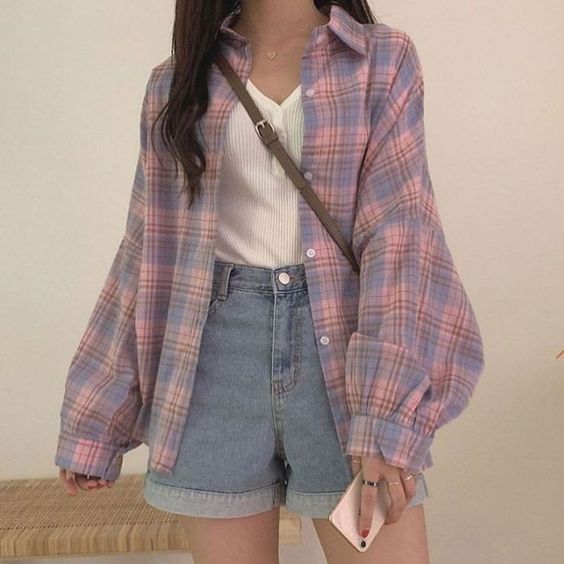 Denim Shorts With Crop Top And Checkered Shirt