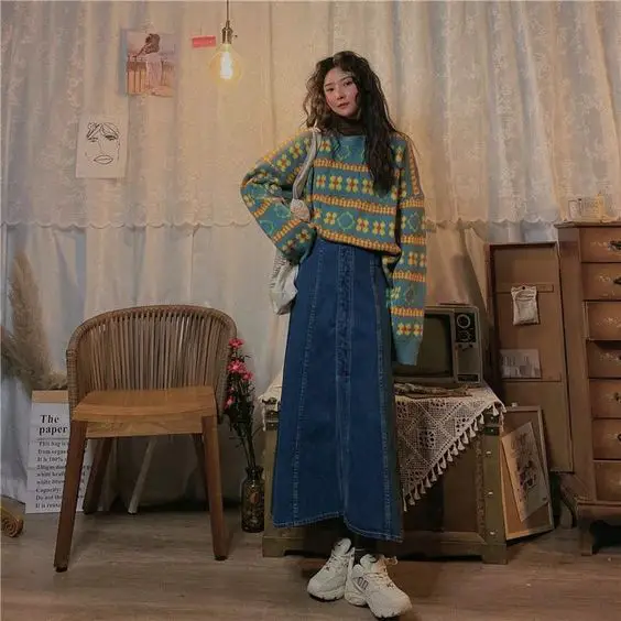 Denim Skirt With Oversized Sweater