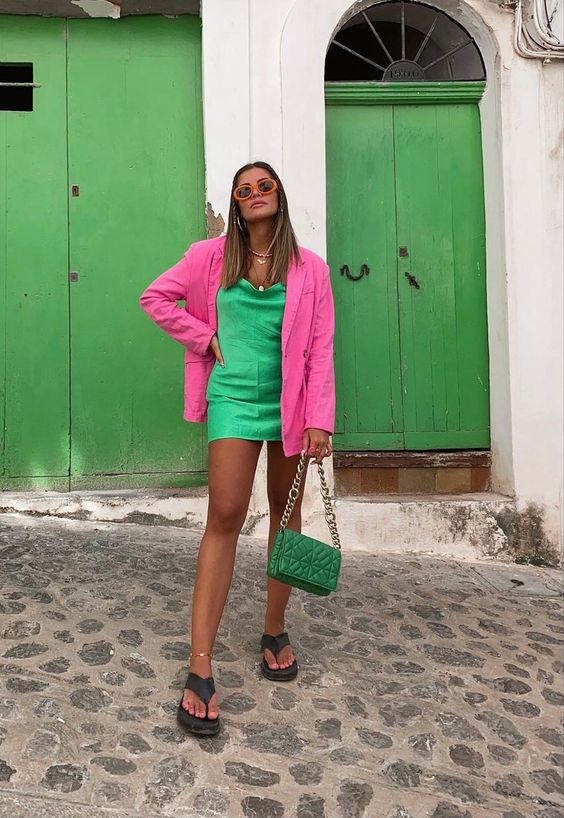 Green Bodycon Slip Dress With Pink Blazer
