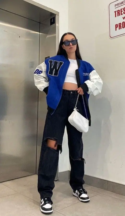 Jeans With Crop Top Baseball Jacket