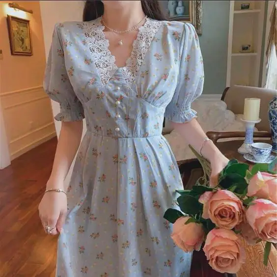 Light Blue Floral Dress With Lacey Neckline