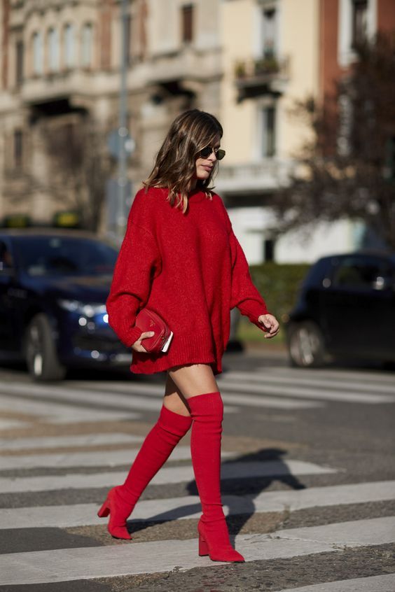 Monochrome With Red Knee Length Boots
