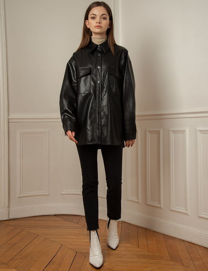 Oversized Button Up Leather Shirt With Straight Cut Pants