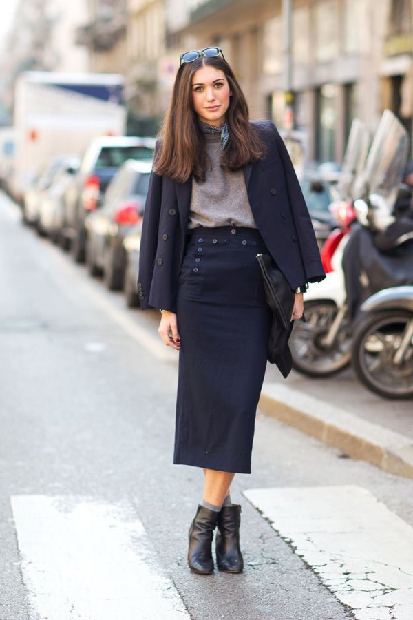 Oversized Double Breasted Blazer With Midi Skirt