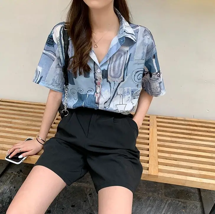Oversized Shirt With Abstract Prints And Tailored Shorts