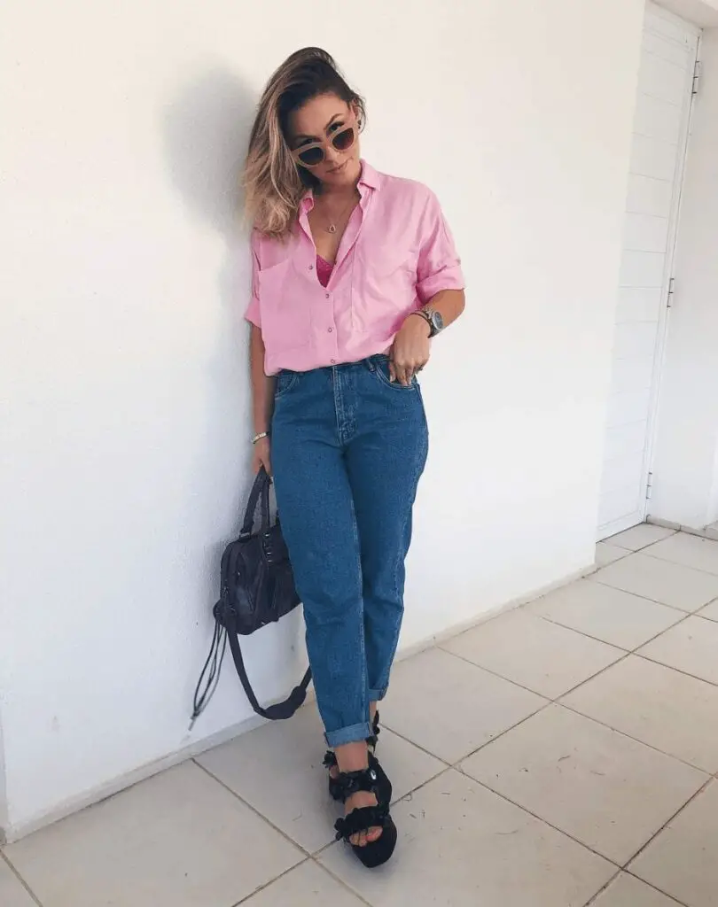 Pink Oversized Shirt With Mom Jeans
