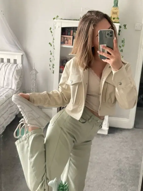 Sage Green Jeans With Cropped Jacket
